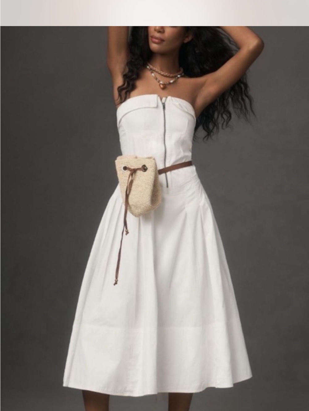 Anthropologie Strapless White Midi Dress with Front Zip Detail